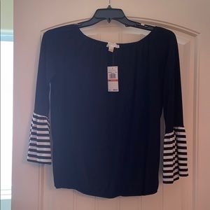 Michael Kors black top w/ stripe sleeves- NEW/SM